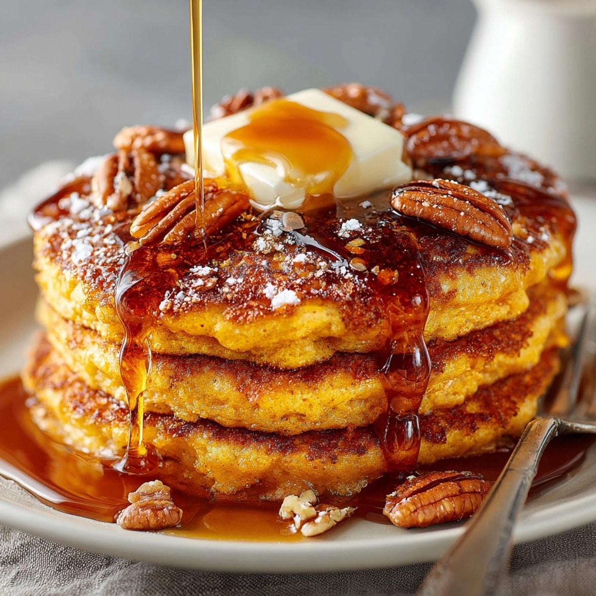 Warm and comforting Pumpkin Spice Pancakes served for breakfast, alongside butter and maple syrup.
