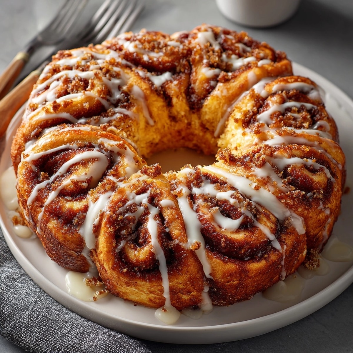 Golden Cinnamon Roll Wreath with Cream Cheese Icing, fragrant and ready for brunch.