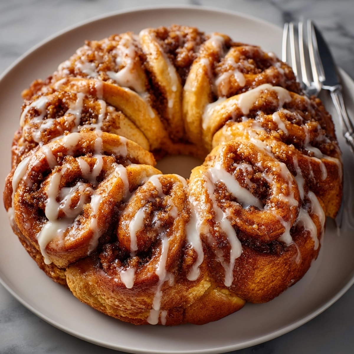 Close-up of sliced Cinnamon Roll Wreath, showing the soft, swirled layers and rich icing.