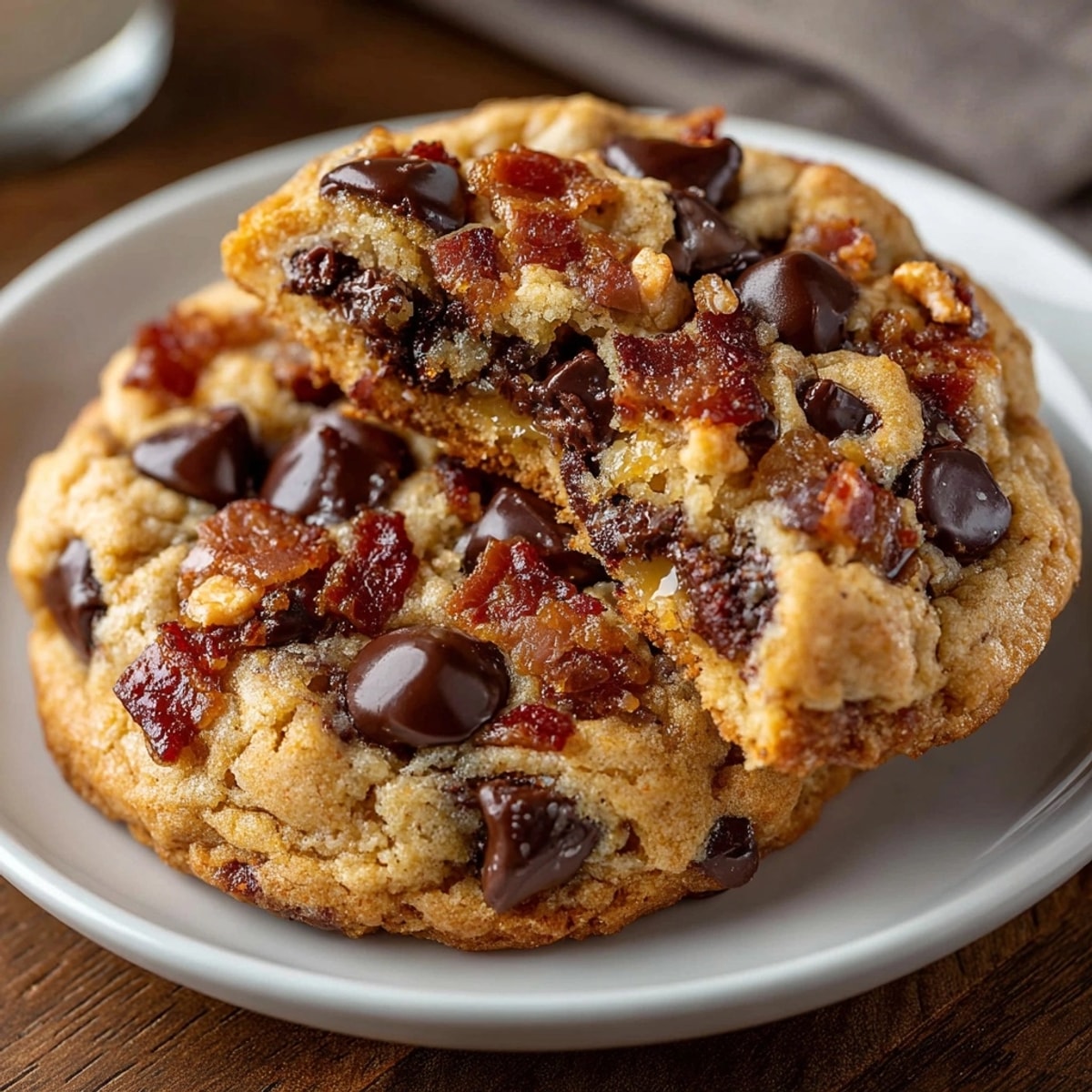 Warm, chewy Maple Bacon Chocolate Chip Cookies, fresh from the oven, golden brown perfection.