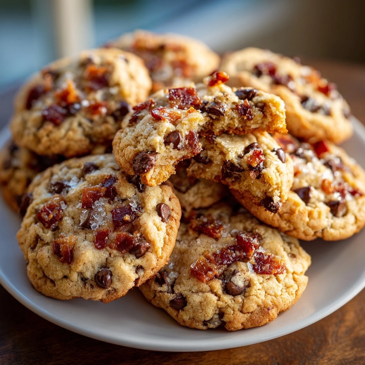 Golden-edged Maple Bacon Chocolate Chip Cookies cooling on a wire rack, ready to serve.