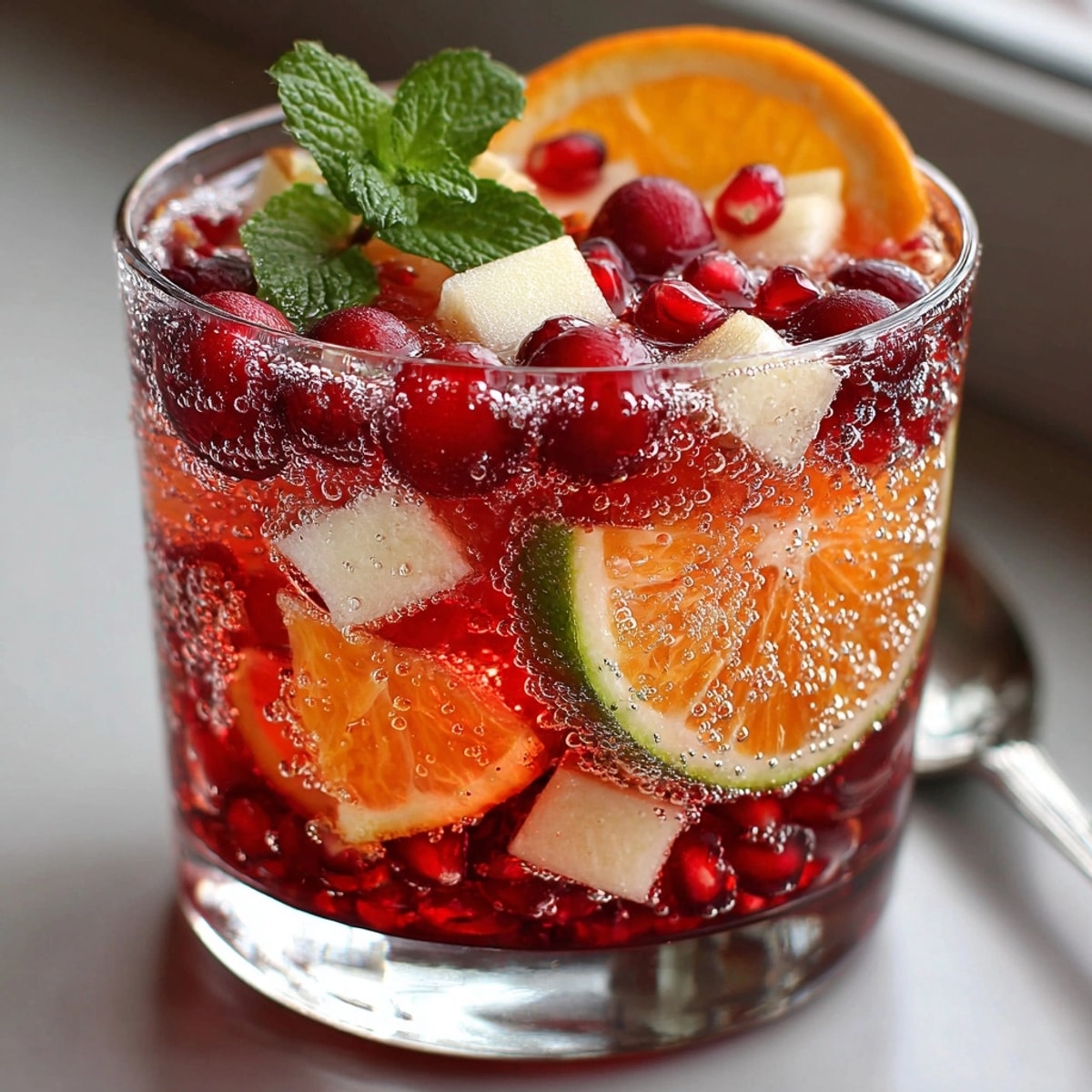 Festive Cranberry Orange Sangria in a glass pitcher with ice, mint, and citrus.