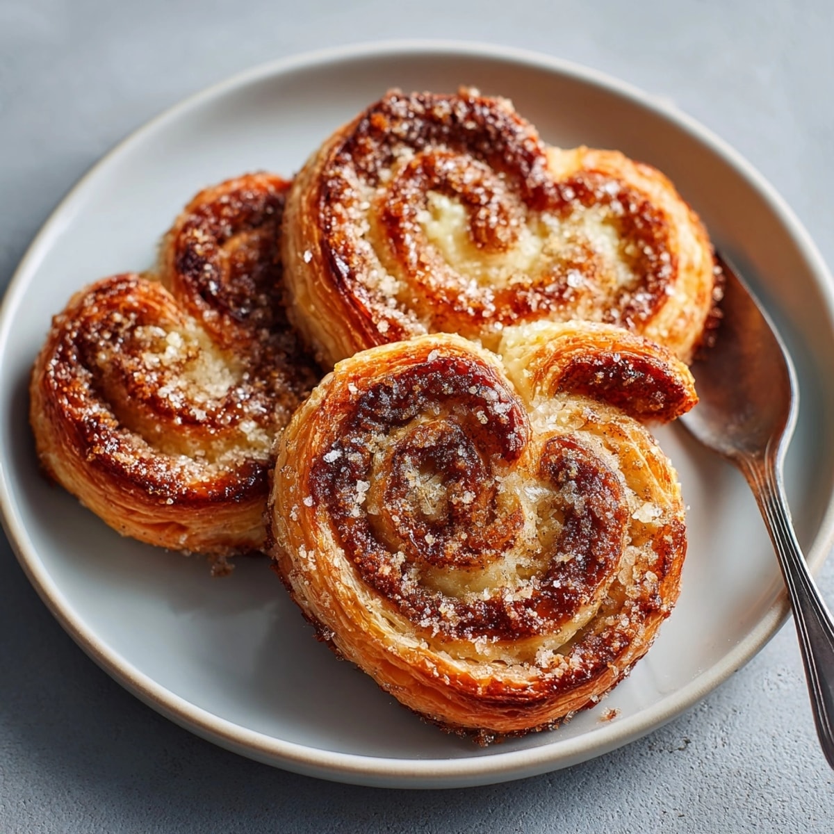 Close-up of crispy Cinnamon Sugar Palmiers showing layers of buttery puff pastry and caramelized sugar.
