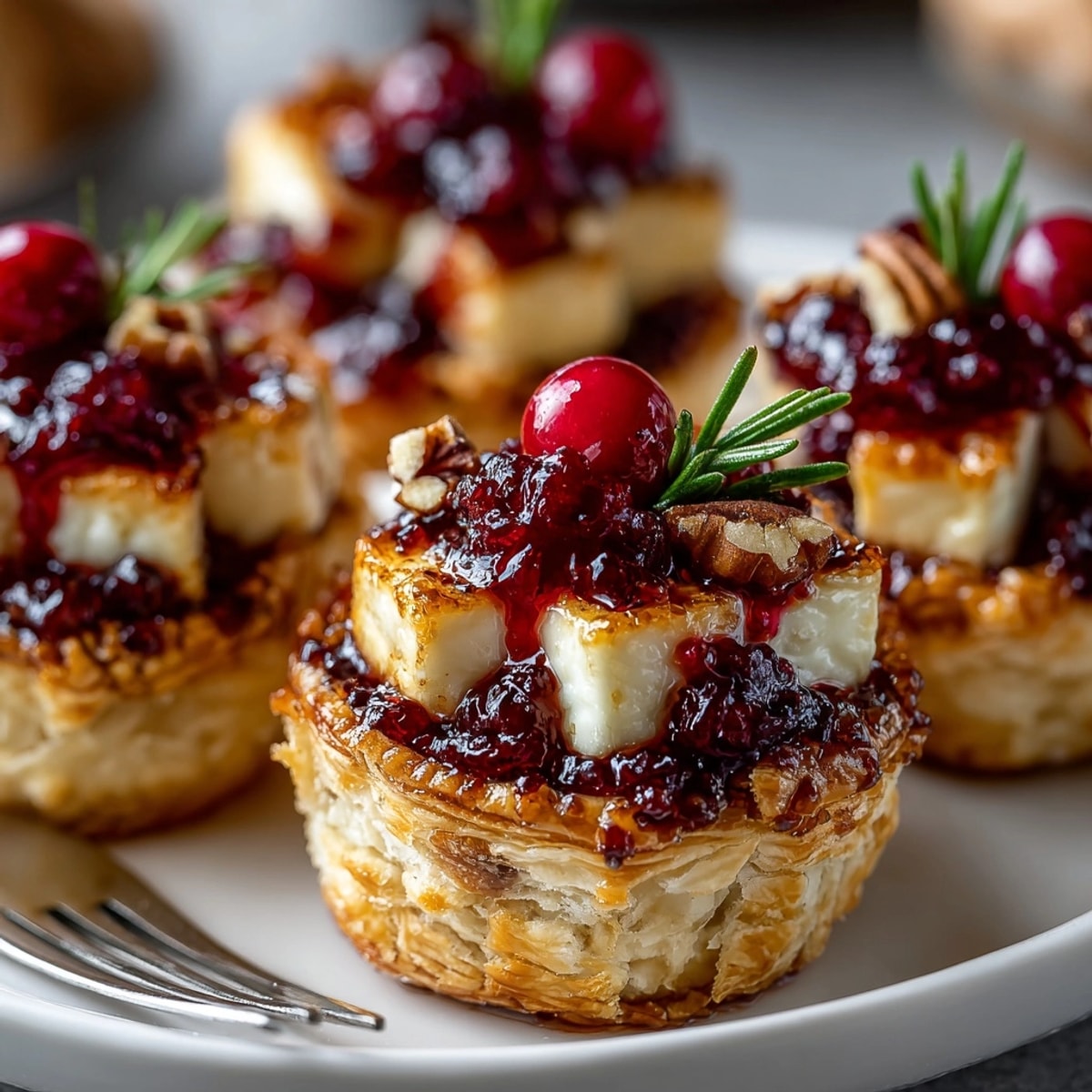 Close-up of delicious Cranberry Brie Pastry Bites, highlighting layers of flavor and golden-brown edges.