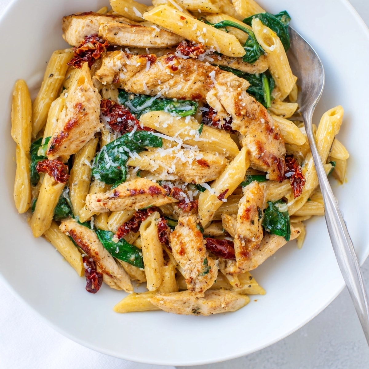 Creamy Tuscan Chicken Pasta ready to serve, garnished with Parmesan, steam rising.