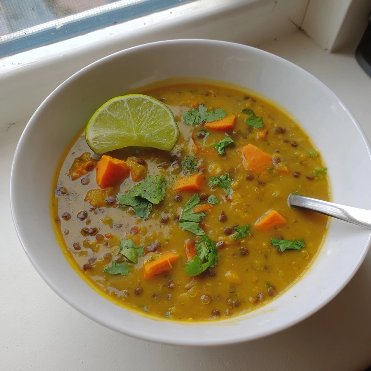 Close-up of vibrant Coconut Sweet Potato Lentil Soup, creamy texture with cilantro garnish.
