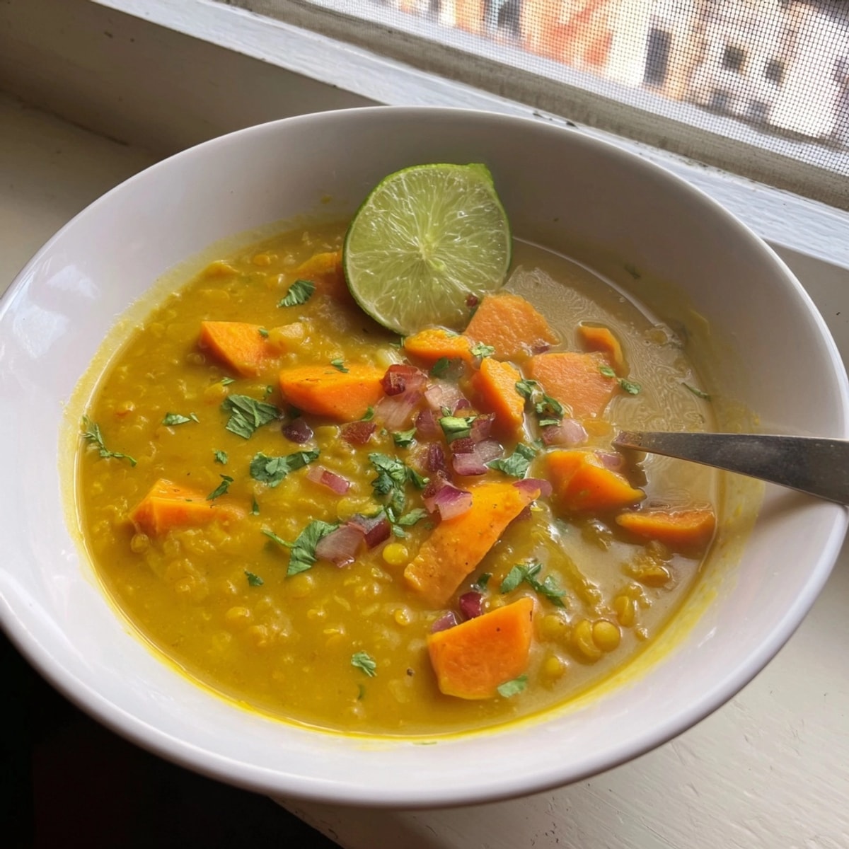 Bowl of warm, spiced Coconut Sweet Potato Lentil Soup, ready to serve.
