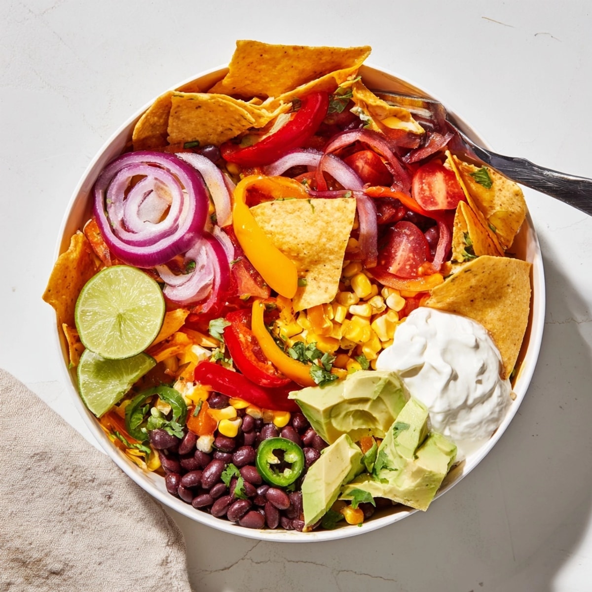 Golden baked Veggie Nacho Bowl photo: crisp chips smothered in colorful roasted vegetables.