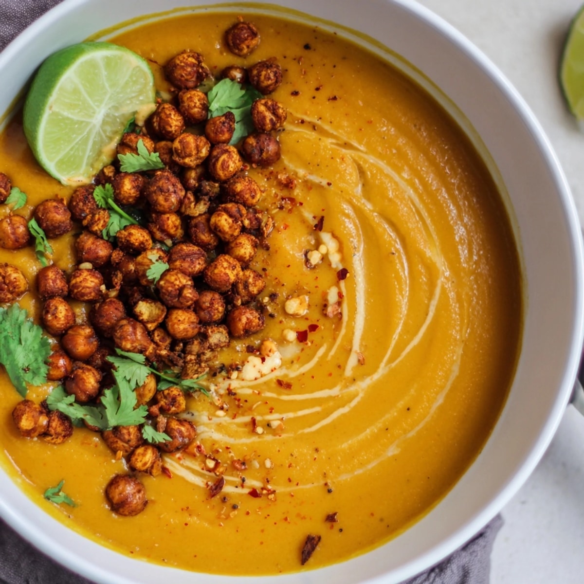 Creamy Thai Pumpkin Soup with crispy chickpeas and fresh cilantro garnish.