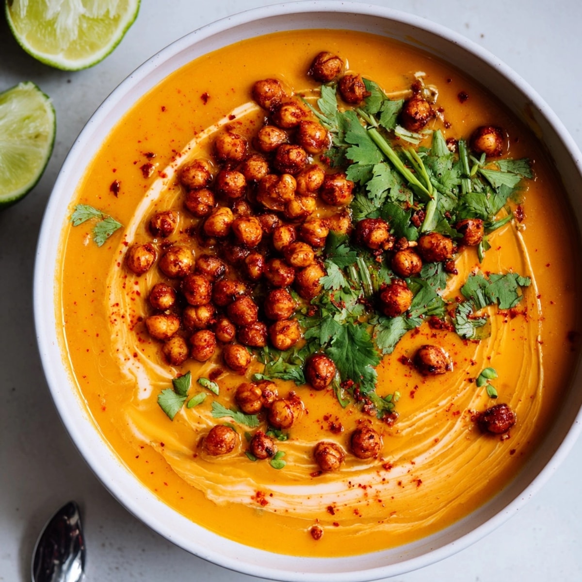 Close-up of silky Thai Pumpkin Soup, garnished with lime and crispy chickpeas.