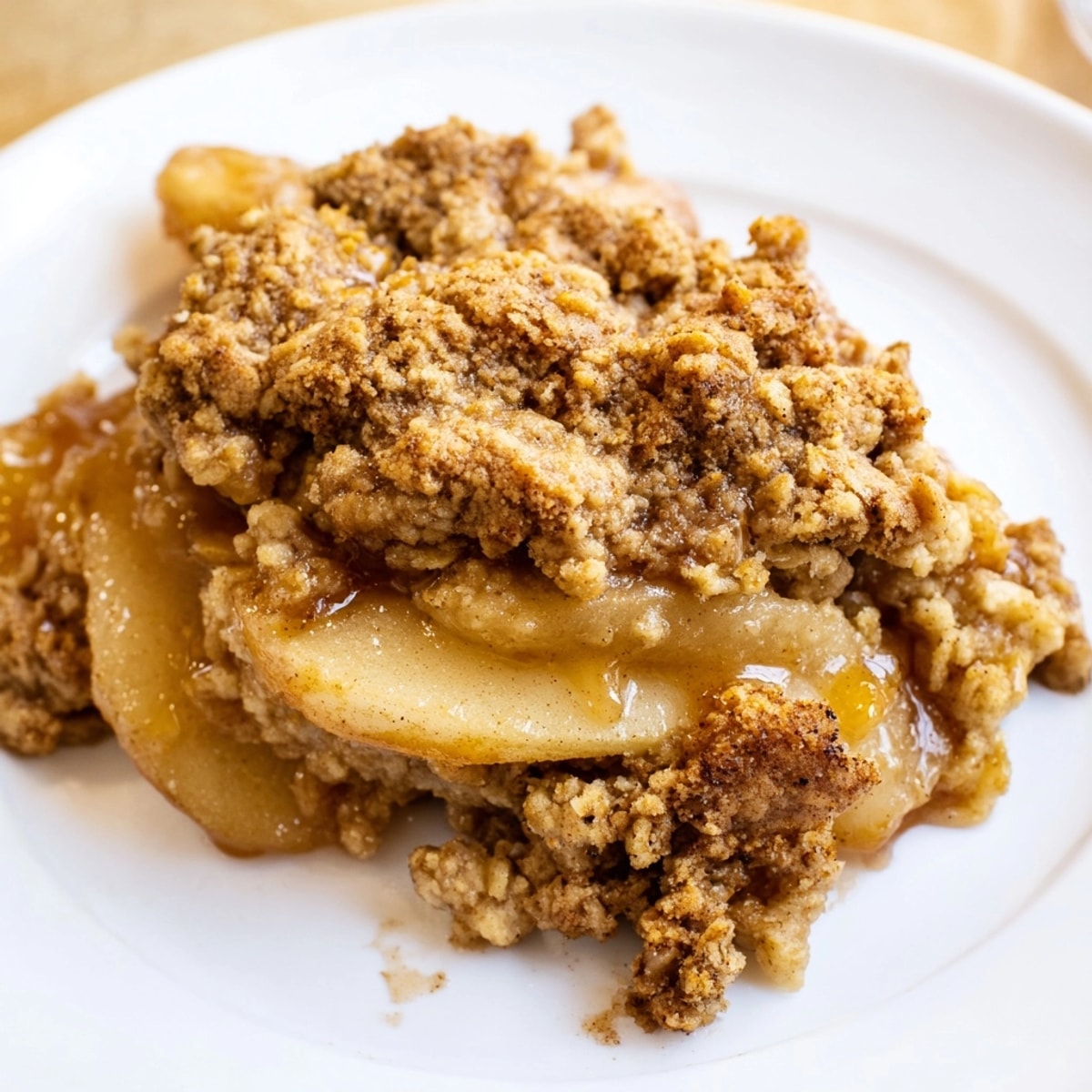 Golden Cinnamon Caramel Pear Crumble, bubbling hot from the oven, ready to serve.