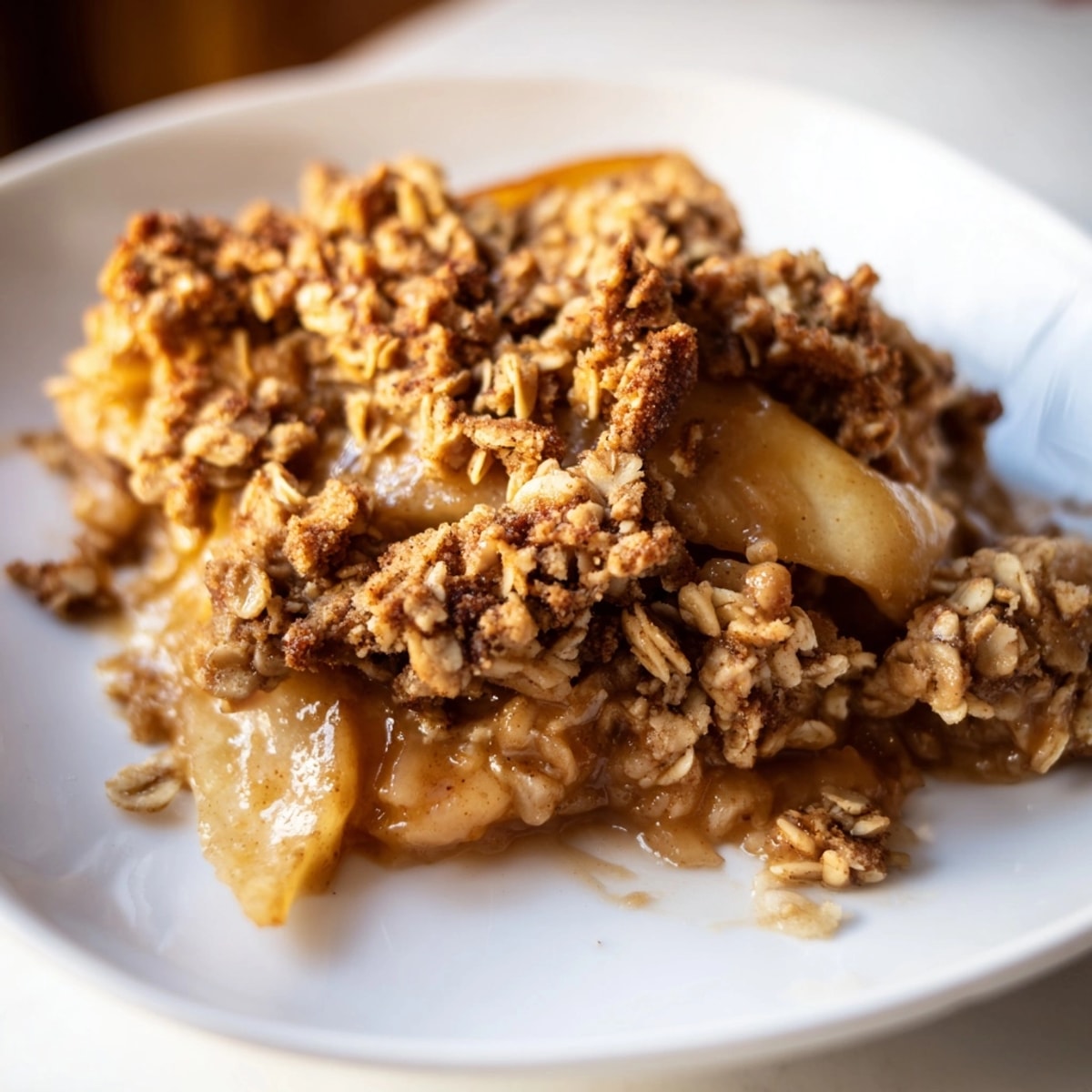 Warm, spiced Cinnamon Caramel Pear Crumble, a comforting autumn dessert with sweet pears.