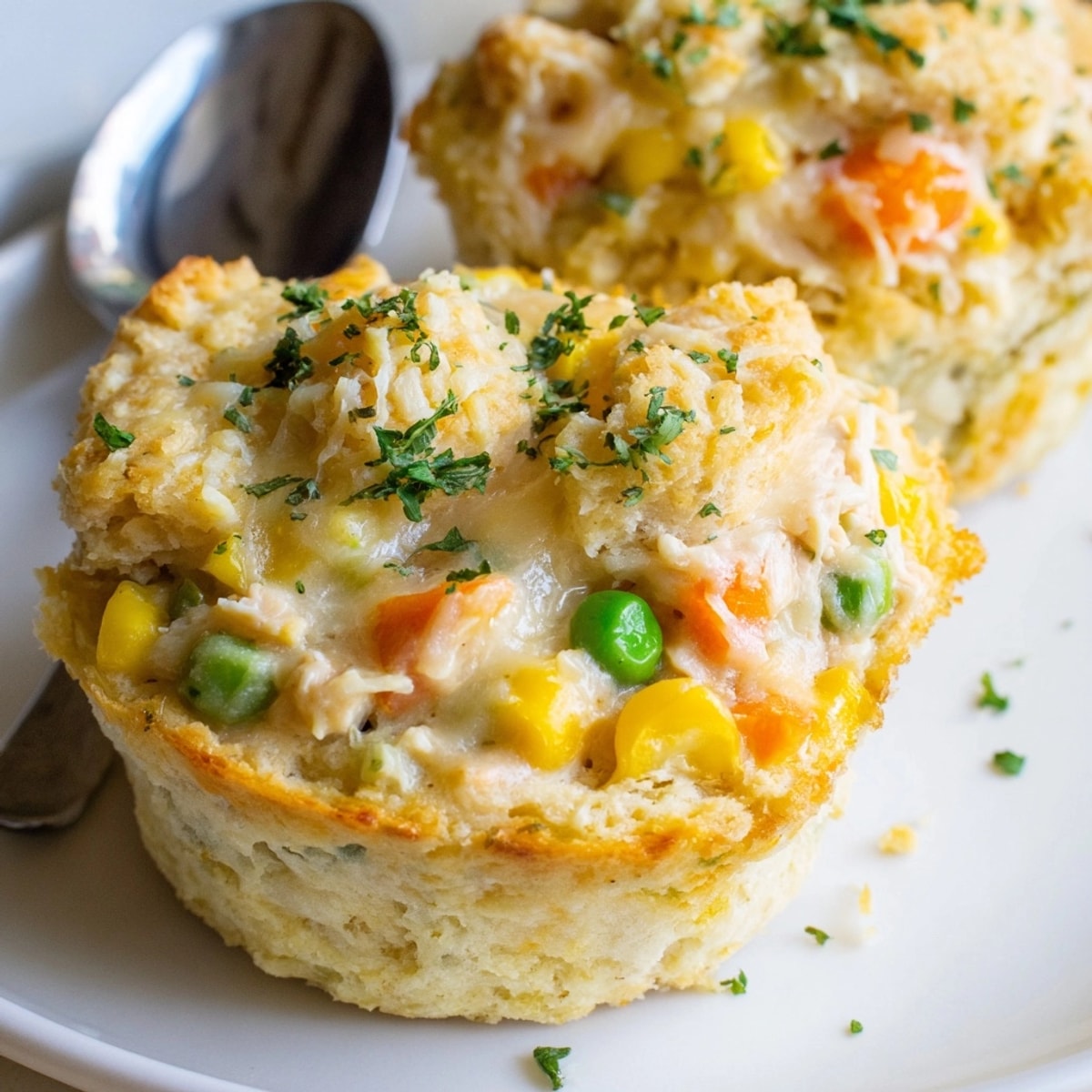 Golden Cheesy Garlic Chicken Pot Pie Muffins: Warm filling oozing from flaky biscuit crust.
