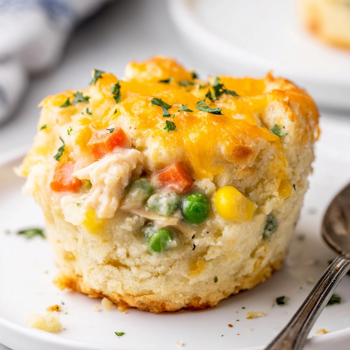 Cheesy Garlic Chicken Pot Pie Muffins recipe: Bite-sized comfort food, savory and cheesy.