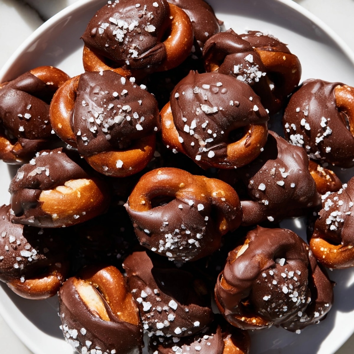 Close-up of Peanut Butter Salted Pretzel Bites arranged on parchment, sprinkled with sea salt.