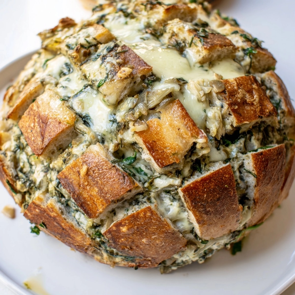 Warm Alfredo Spinach Artichoke Bread, a melty, cheesy appetizer ready for sharing.