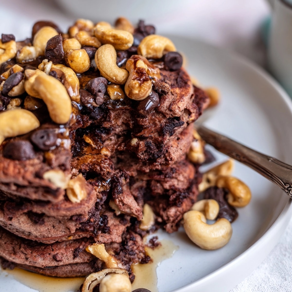 Stack of Protein Chocolate Cashew Pancakes glistening, ready to enjoy with maple syrup drizzle.