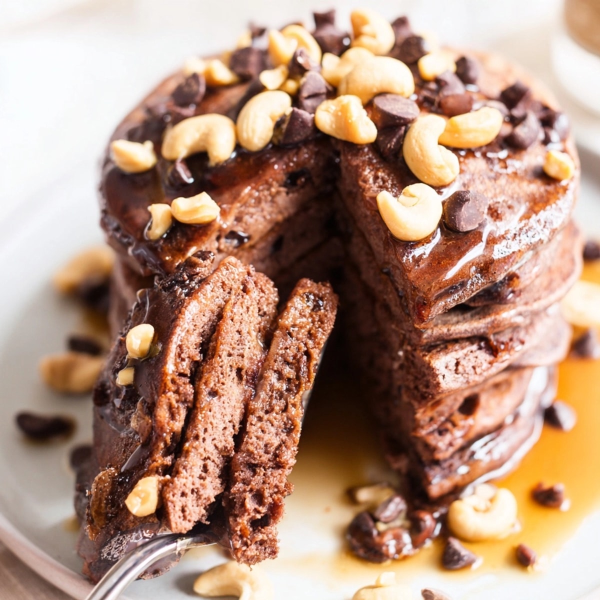 Golden Protein Chocolate Cashew Pancakes on a griddle; cashews, chocolate chips visible, cooking now.
