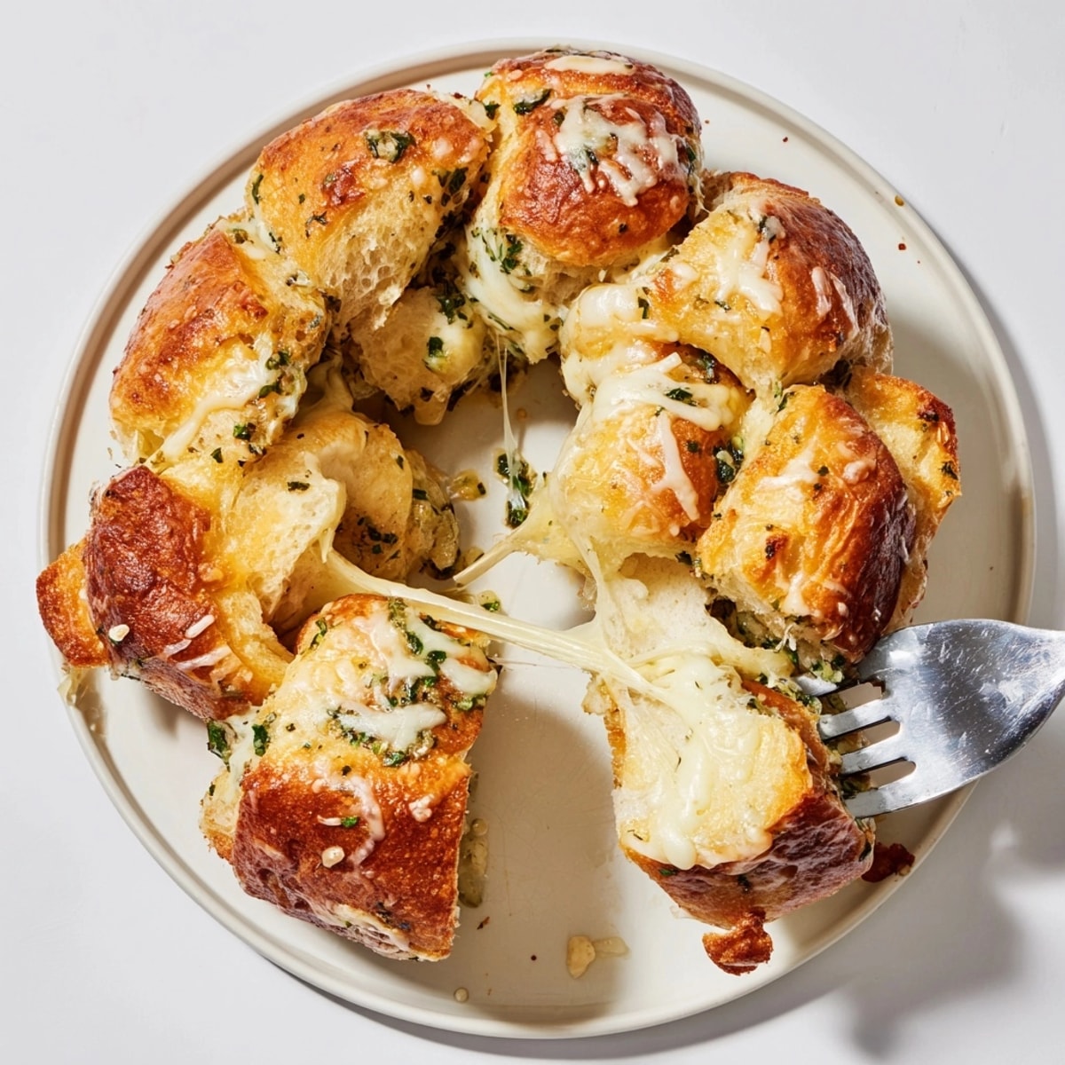 Golden brown Garlic Parmesan Monkey Bread, topped with herbs, ready to pull apart.