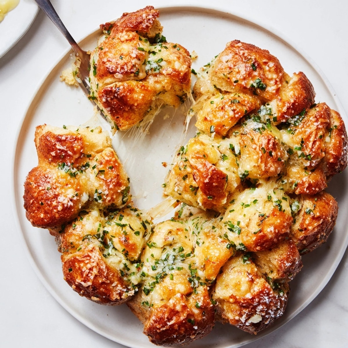 A warm, savory Garlic Parmesan Monkey Bread fresh from the oven and sliced open.