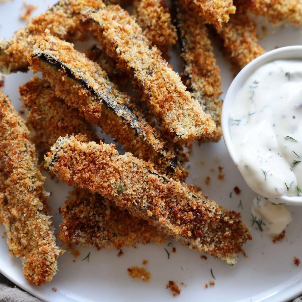 Golden-brown Cajun Eggplant Fries with creamy ranch dip, a crispy fried appetizer.