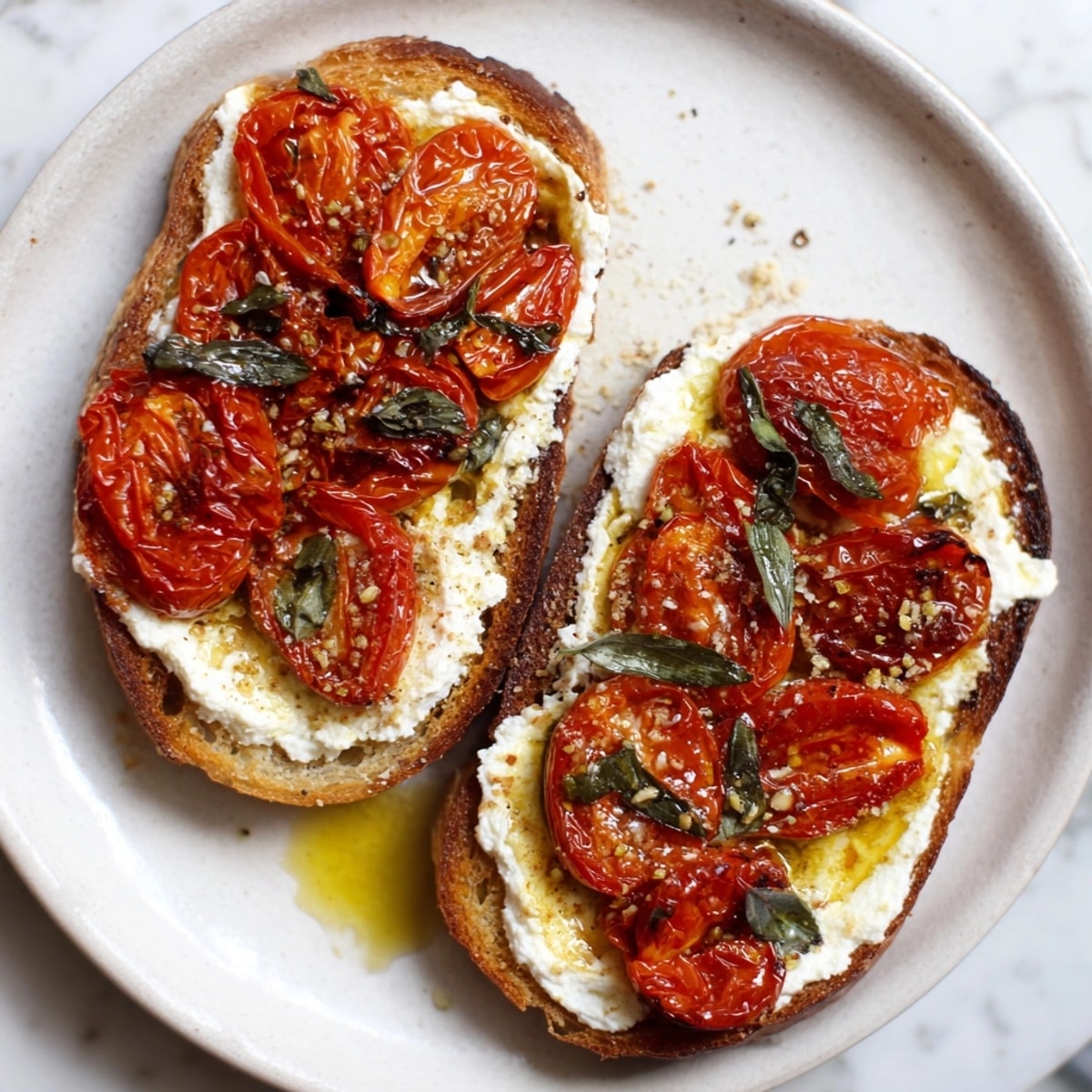 Ricotta Roasted Tomato Toasties: Warm, blistered tomatoes on creamy ricotta-topped, golden sourdough bread.
