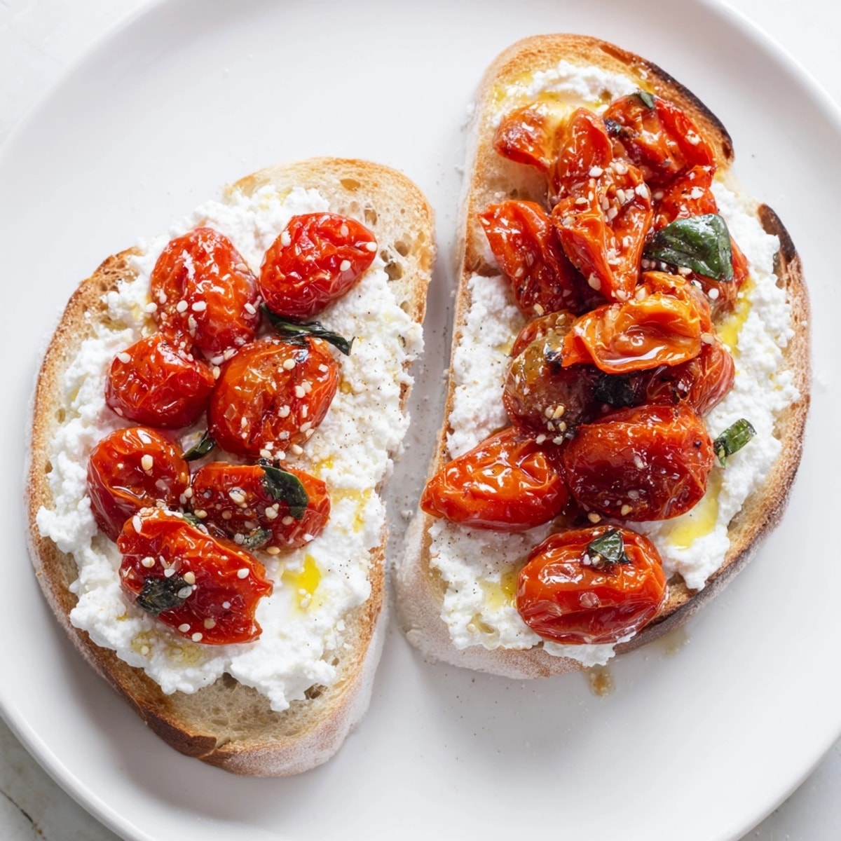 Close-up of Ricotta Roasted Tomato Toasties, highlighting blistered tomatoes and torn basil garnish.