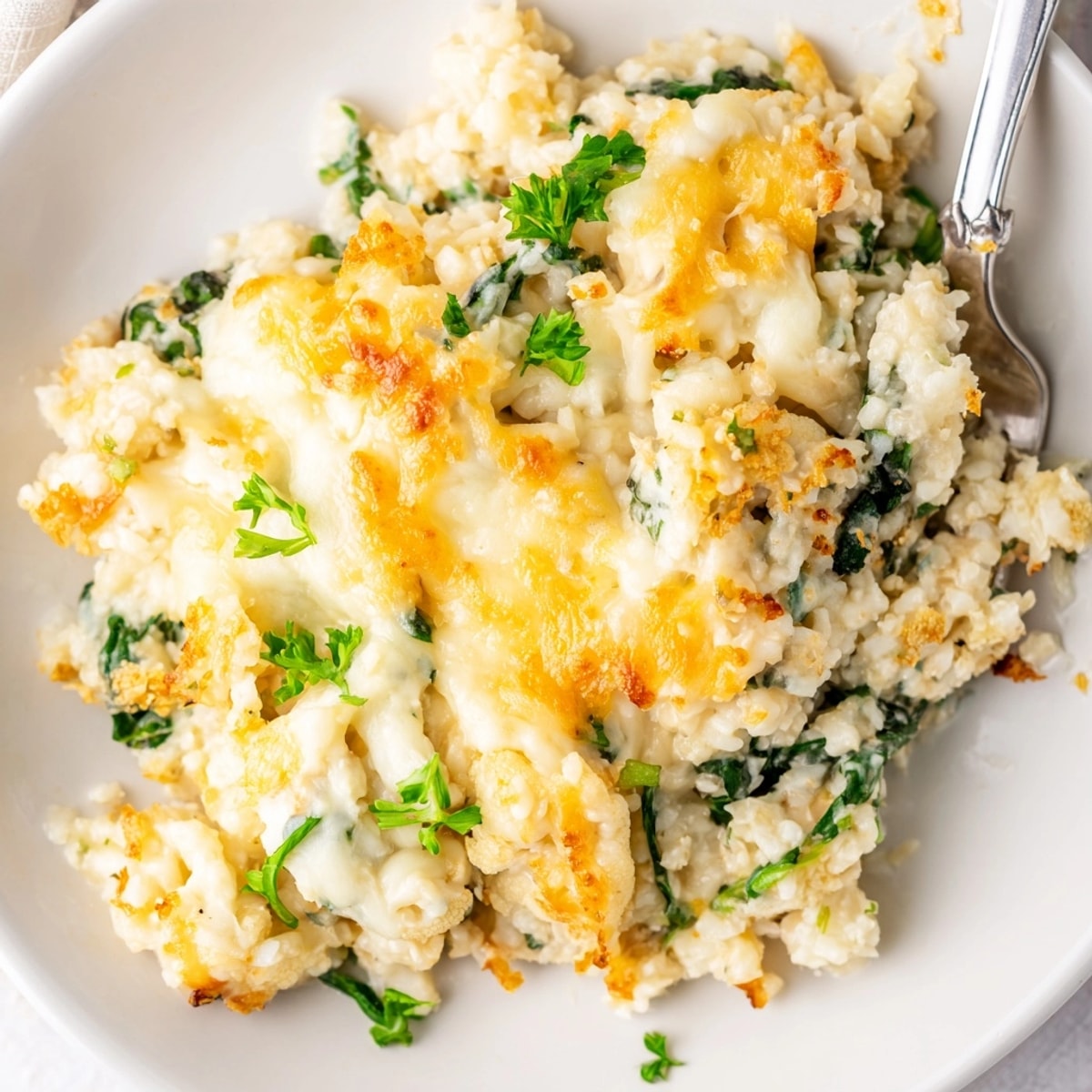 Golden Alfredo Cauliflower Rice Casserole bubbling hot from the oven, creamy and cheesy.