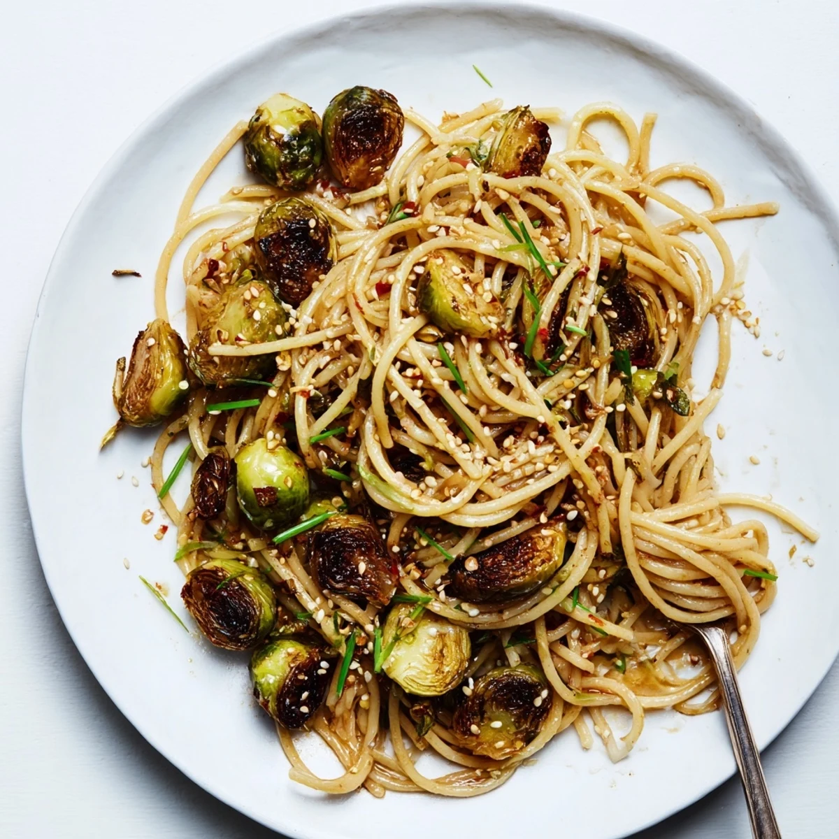 Maple-Soy Roasted Brussels Sprouts Pasta with caramelized sprouts and rich umami flavor.  