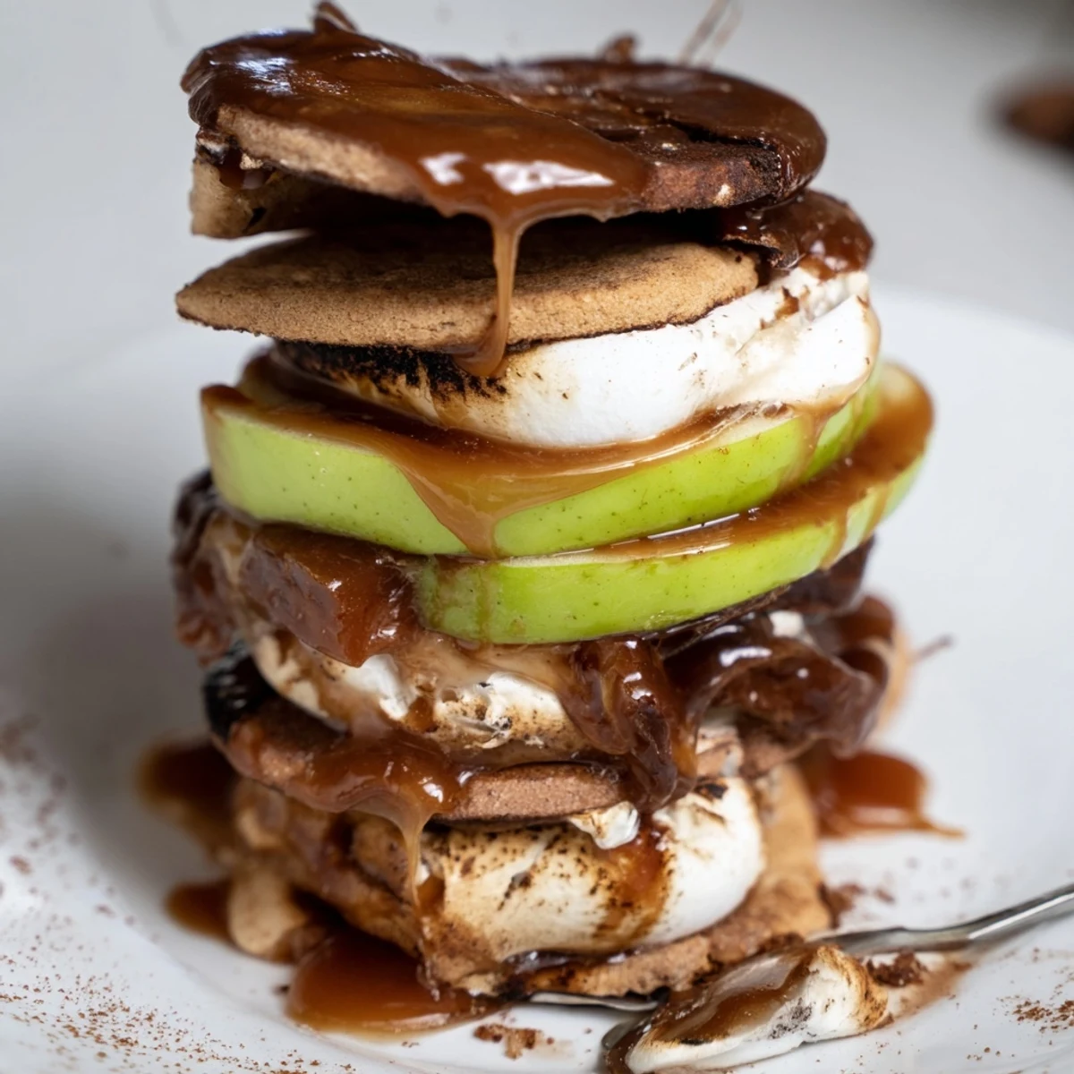 Decadent Caramel Apple S'mores Stack with gooey marshmallows and crisp apple slices.  