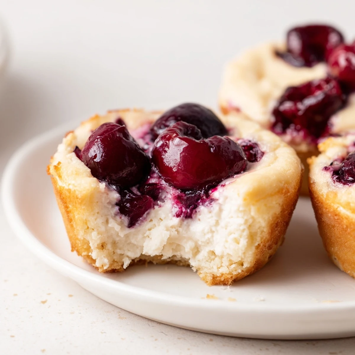 Sliced cherry cheesecake muffin pie topped with fresh cherries and a buttery crust.