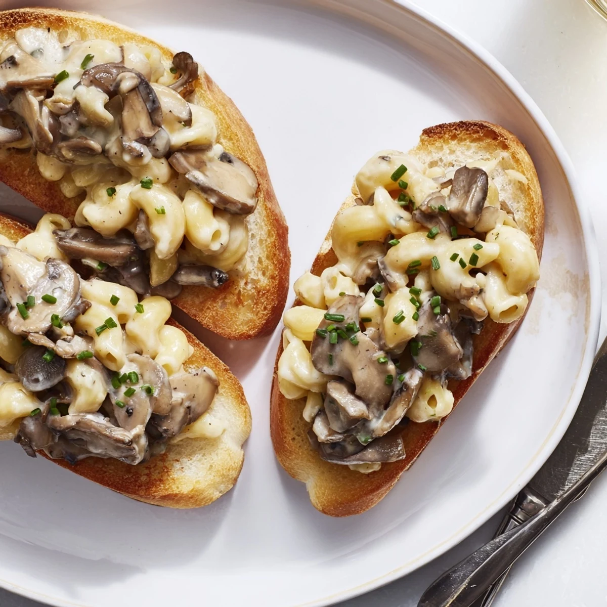 Golden crostini topped with rich truffled mushroom macaroni, perfect for any gathering.  