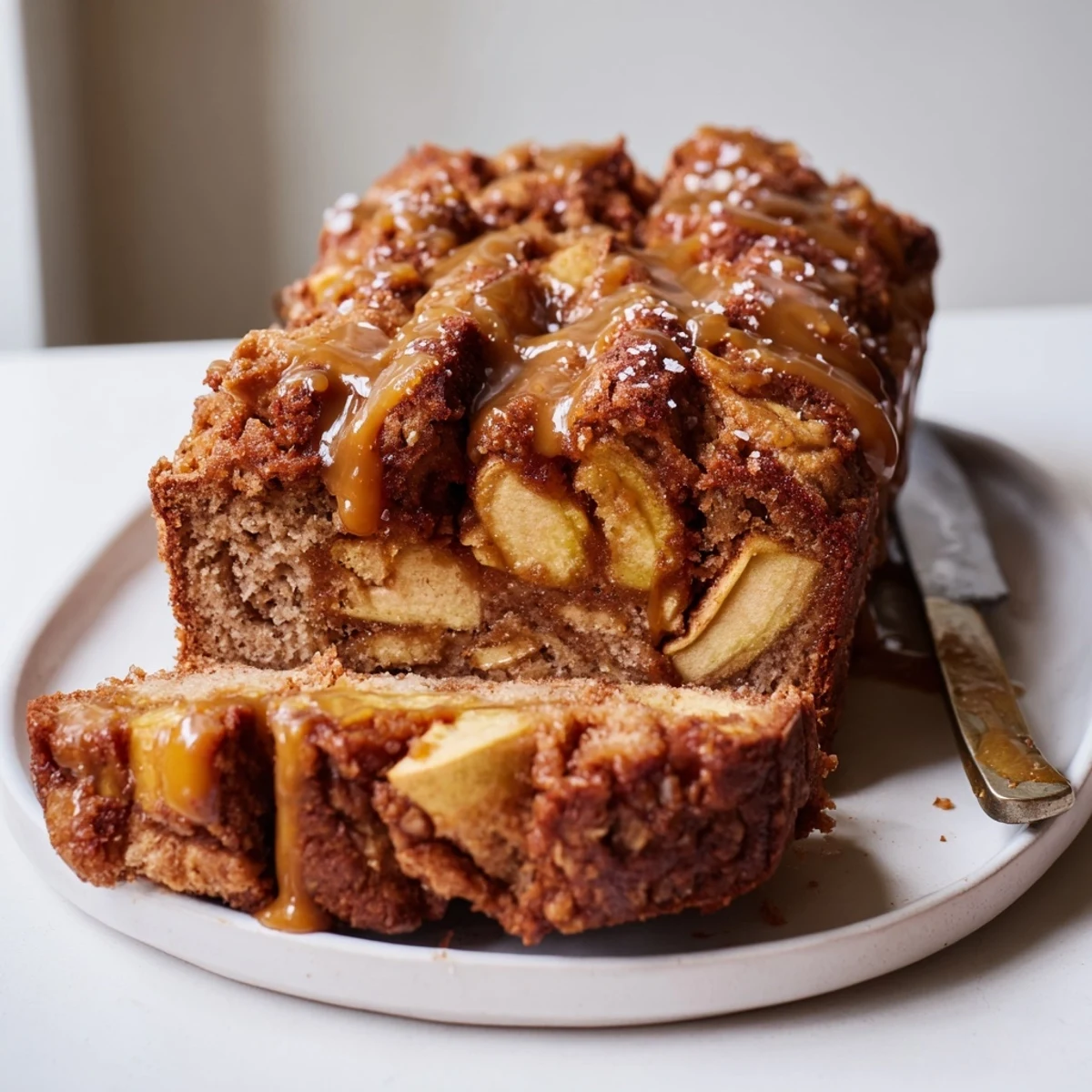 Moist Salted Caramel Apple Fritter Loaf drizzled with rich, glossy caramel glaze.  
