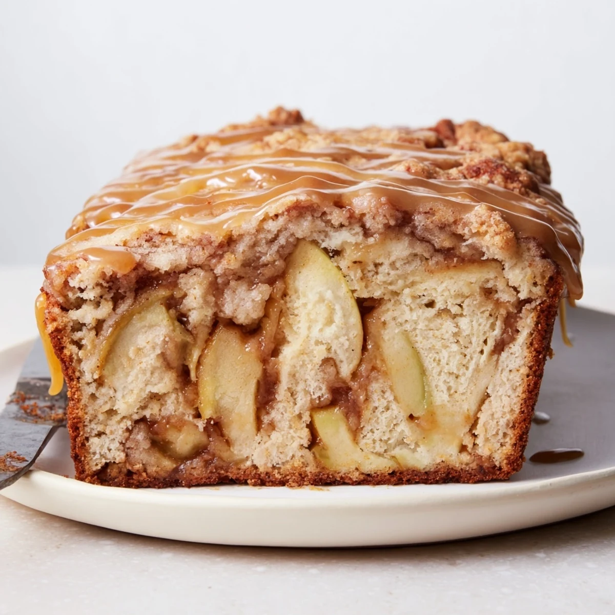 Warm slices of Salted Caramel Apple Fritter Loaf surrounded by fresh apple chunks.  