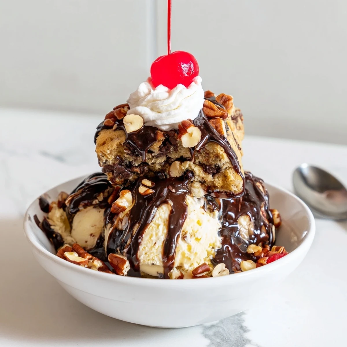 Decadent Cookie Dough Chaos Bar Sundae topped with whipped cream and cherry garnish.  