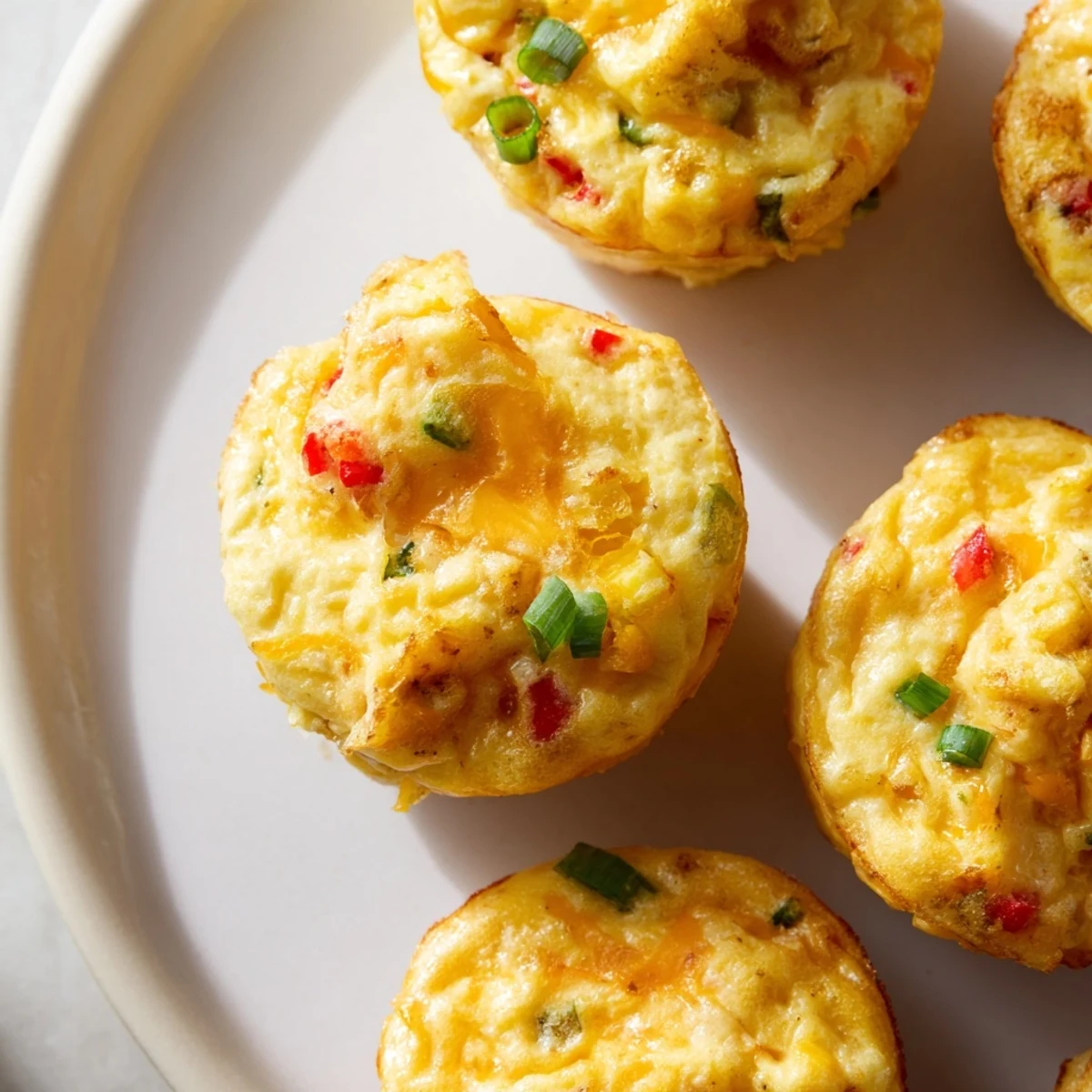 Savory Buffalo Ranch Egg Bite Cups topped with green onions and rich cheddar cheese.  