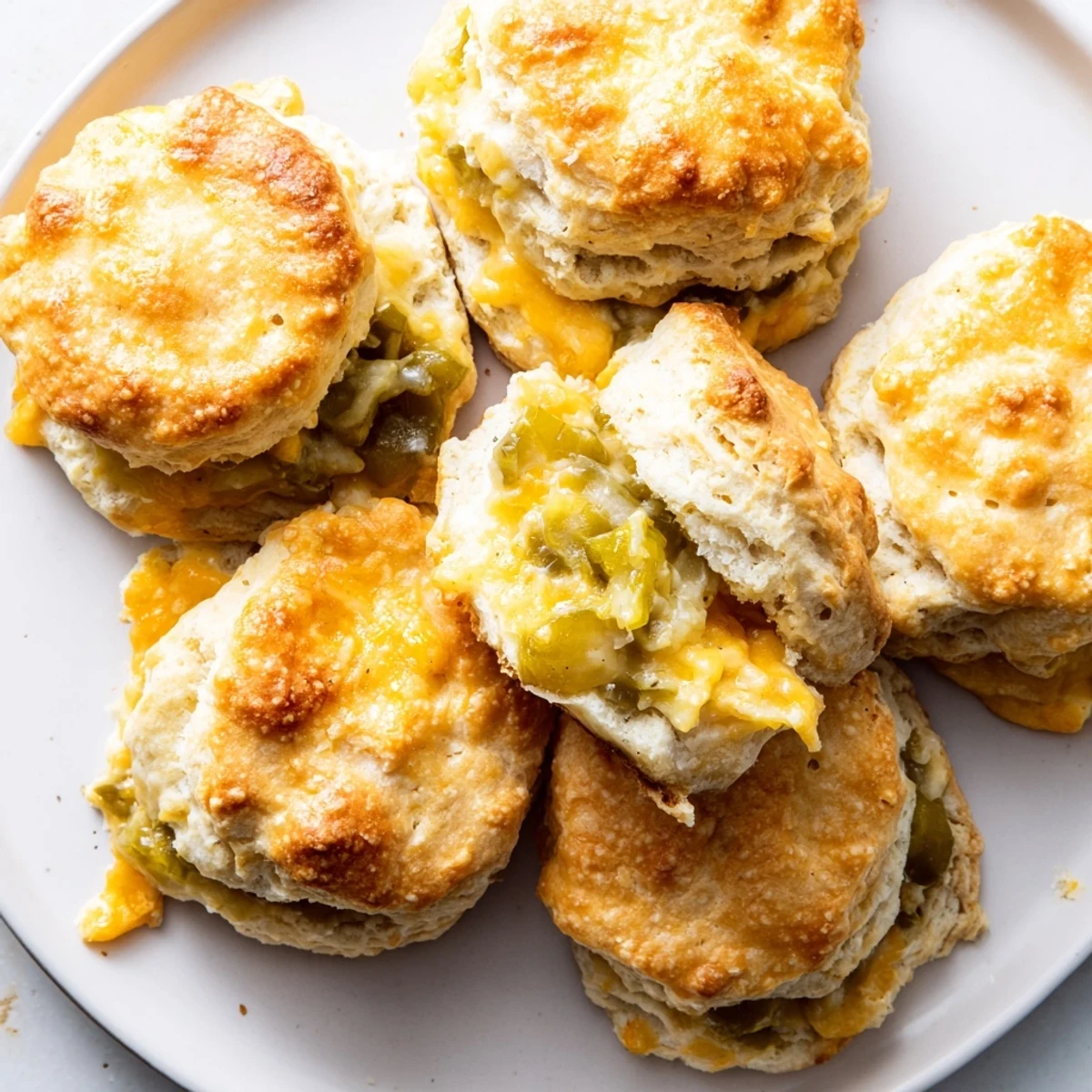 Fluffy Cheesy Pickle Stuffed Biscuits served warm, revealing gooey cheese and dill pickles.