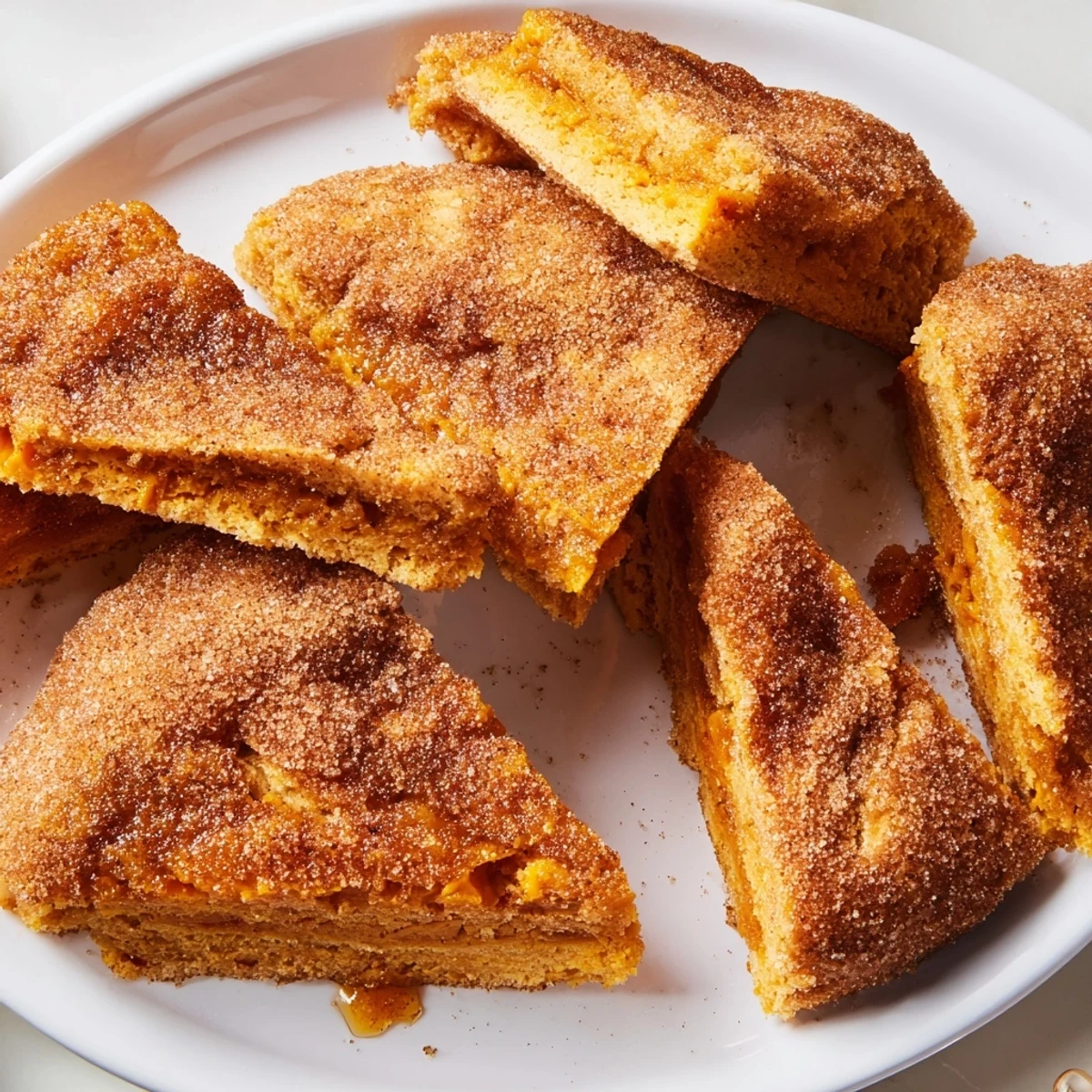Tender cinnamon sugar sweet potato scones served warm with a cup of coffee.  