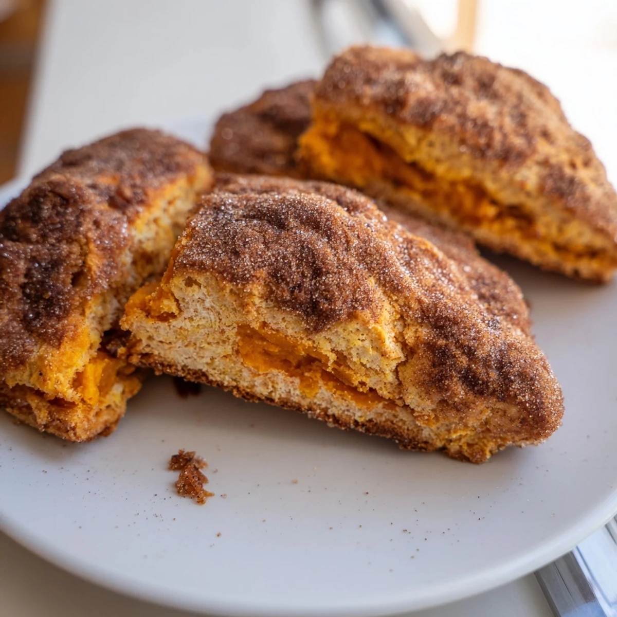 Deliciously flaky sweet potato scones topped with a sparkling cinnamon sugar crust.  