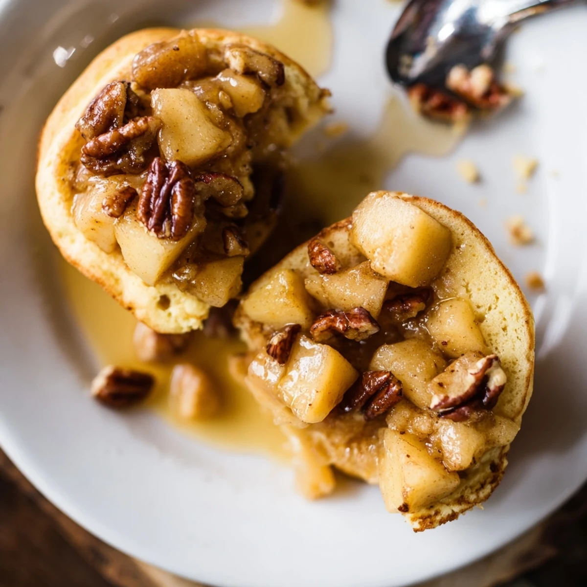 Tender maple ginger caramel apple pancake muffins topped with warm maple syrup drizzle.  