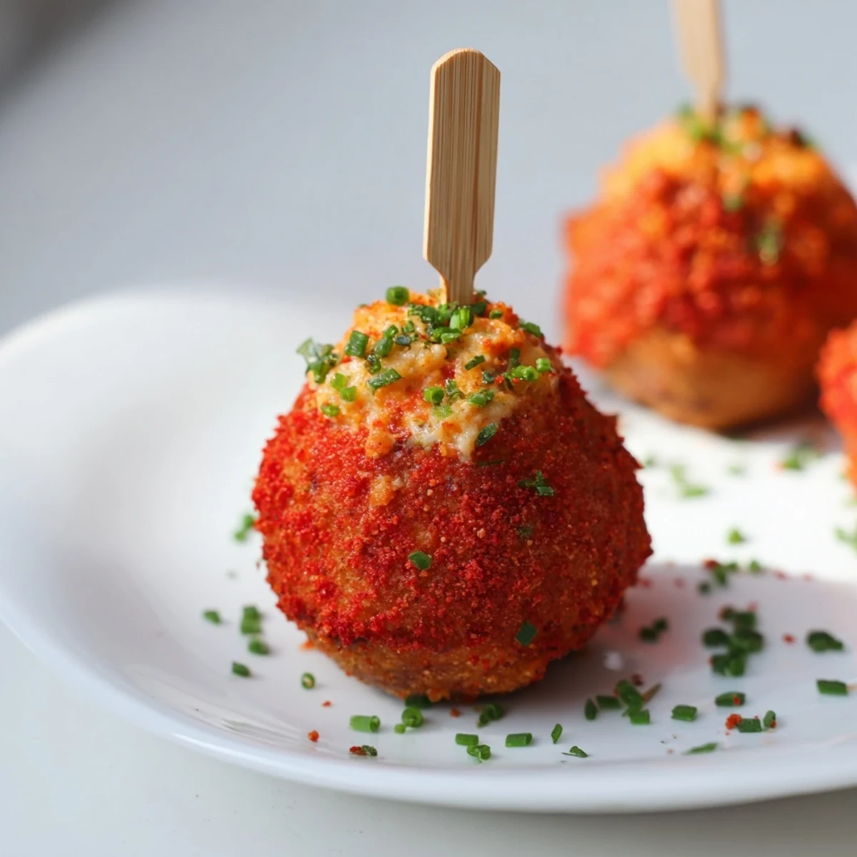 Cream Cheese Flamin Hot Pretzel Biscuit Skewers served with garnished chives and vibrant colors.  