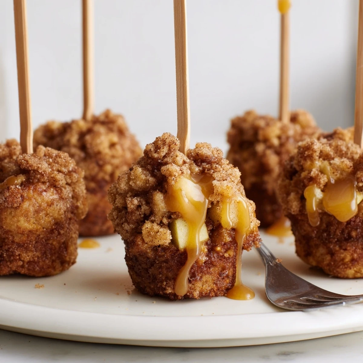 Tender Sweet Tea Caramel Apple Cinnamon Muffin Pops with gooey caramel centers on sticks.  
