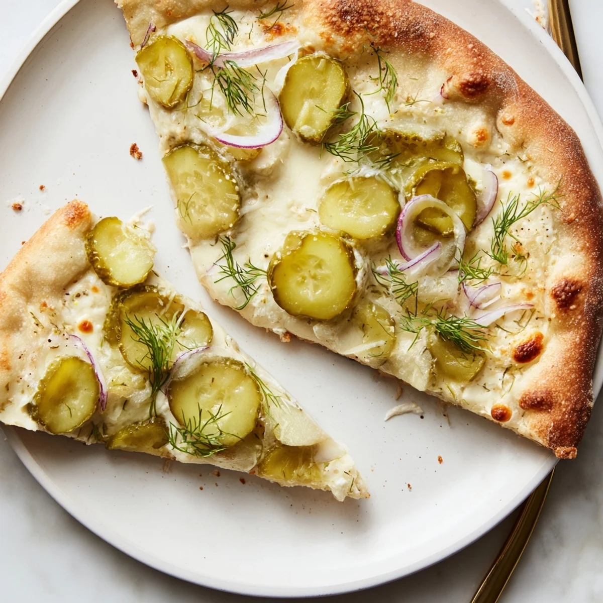 Tangy Pickle Pizza topped with creamy sauce, mozzarella, and crunchy dill slices.  