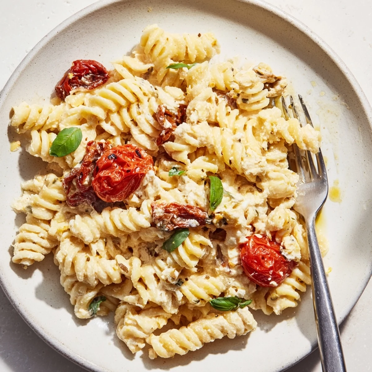 Indulge in baked feta pasta 2.0 topped with fresh basil and vibrant colors.