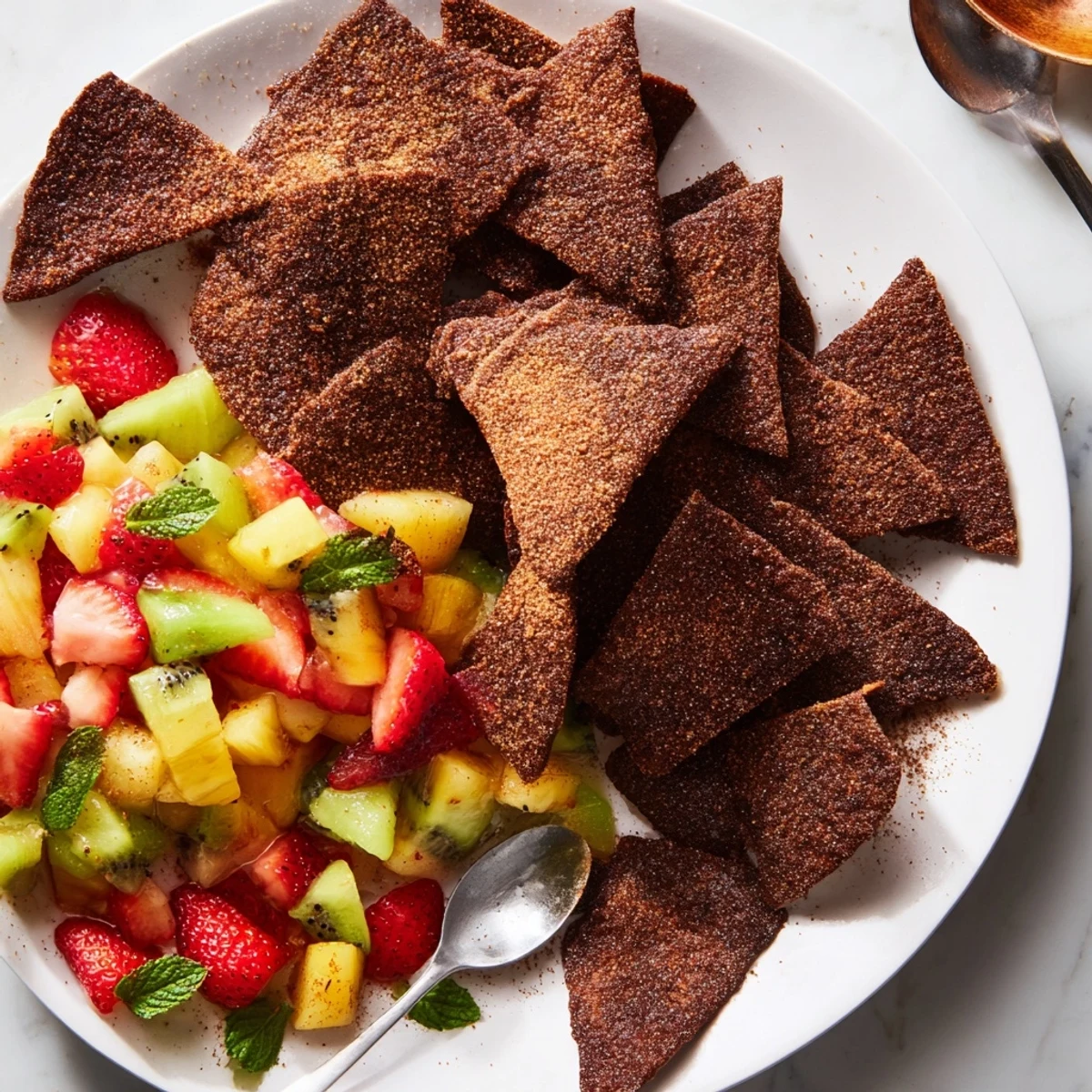 Delicious Dessert Chips & Salsa showcasing vibrant diced fruits and sweet chocolate flavors.  
