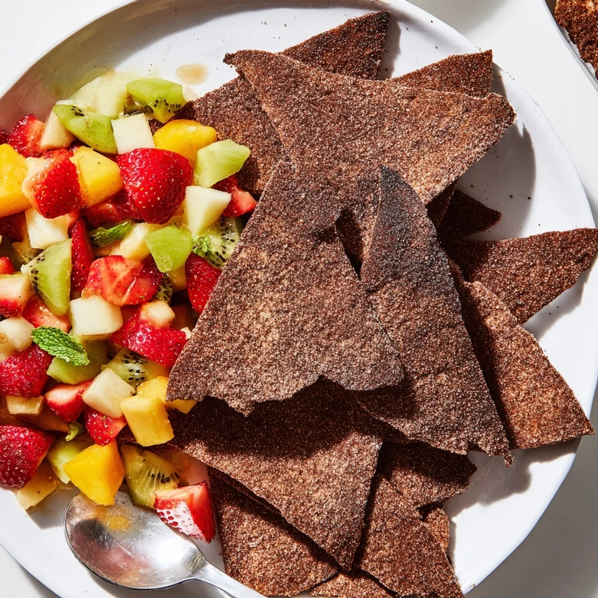 Crispy chocolate tortilla chips served with refreshing fruit salsa for dessert.  