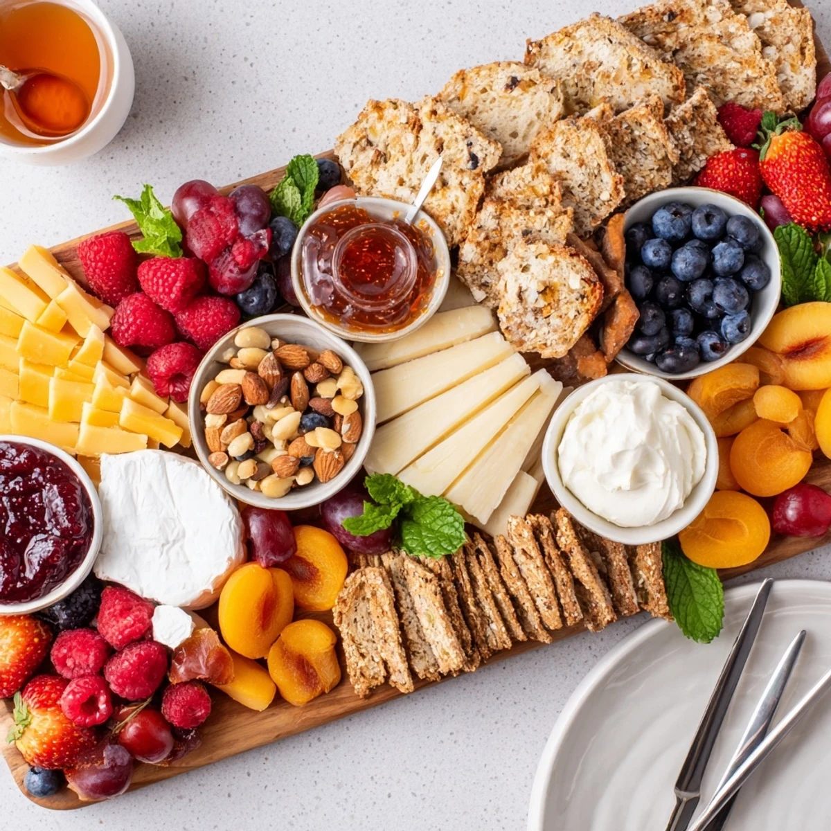 Enjoy a vibrant brunch board with assorted jams, artisan breads, and berries.  
