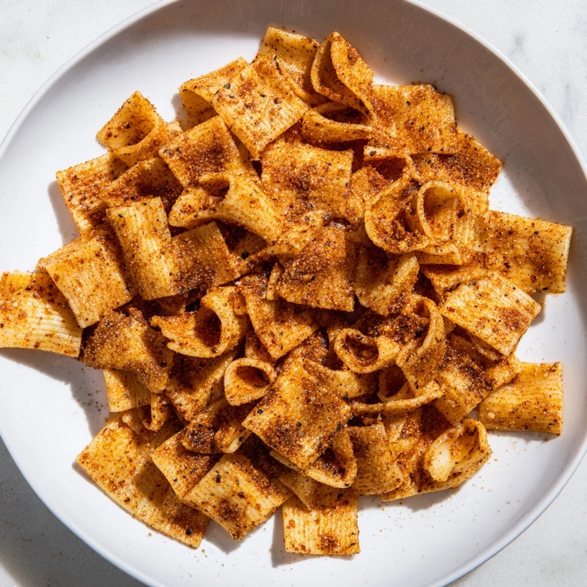 Crispy pasta chips seasoned variety, perfect for dipping with marinara or hummus.  
