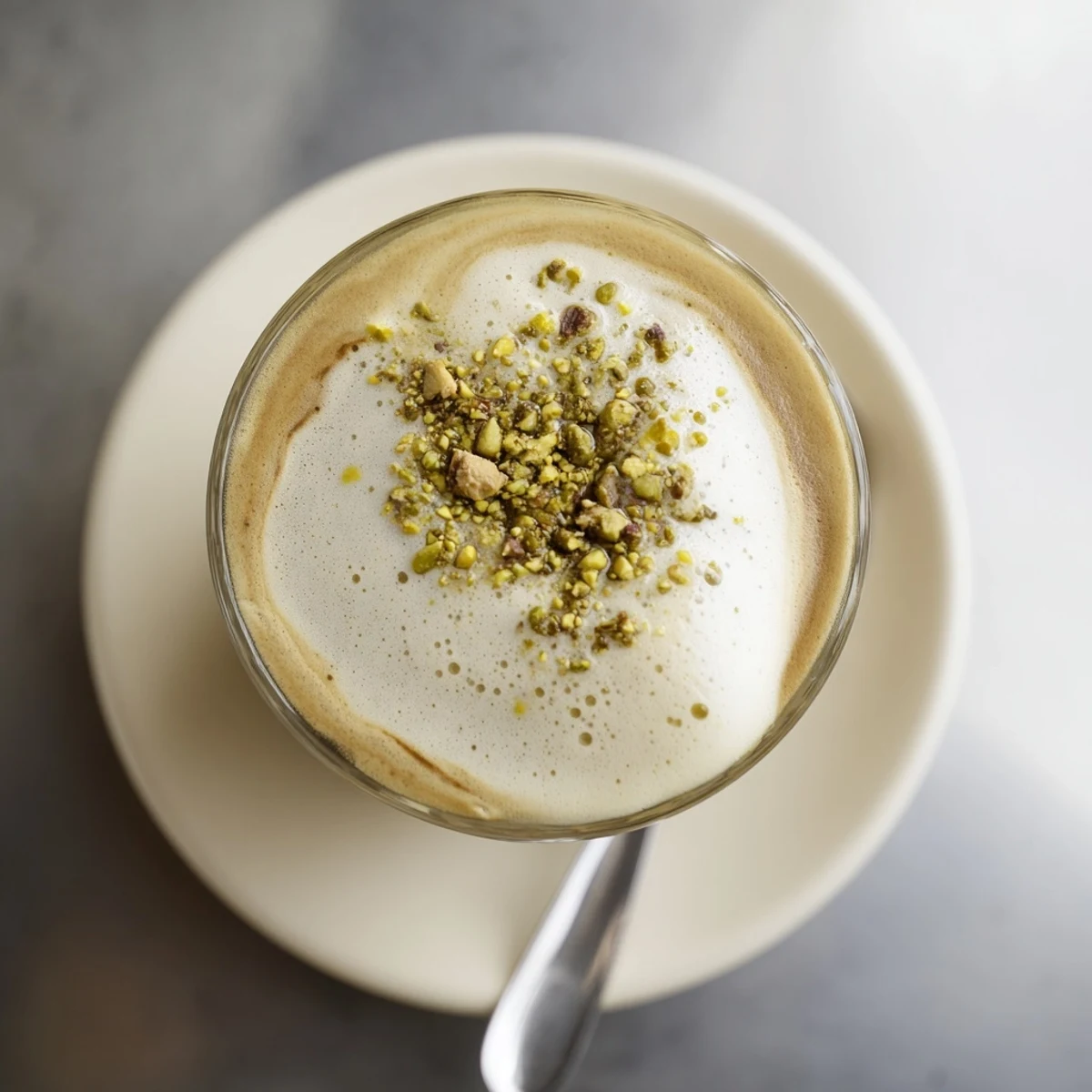 Creamy pistachio milk latte topped with crushed pistachios, perfect for coffee lovers.  