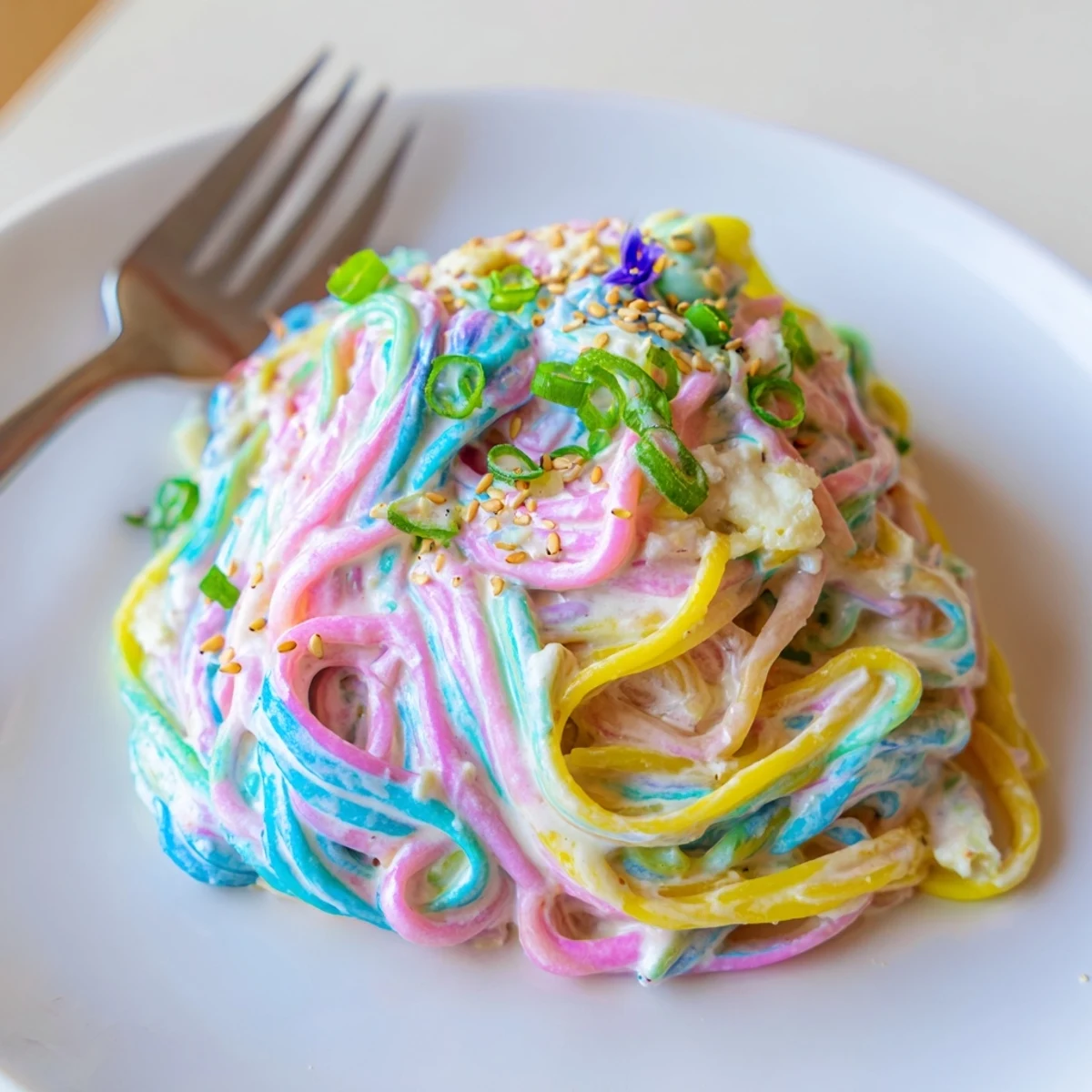 Vibrant Neon Noodle Cloud dish with colorful noodles in creamy sauce, perfect for parties.  